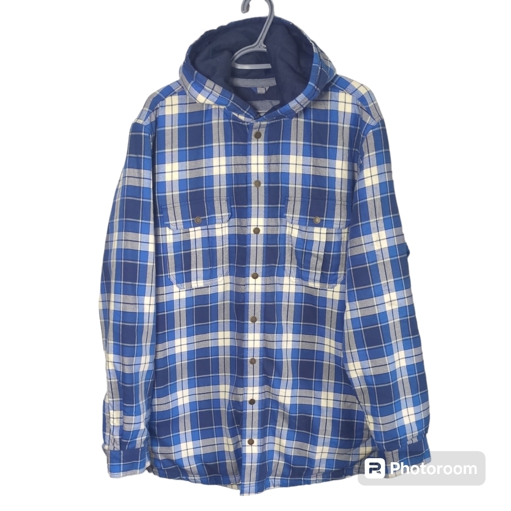 L.L. Bean NWOT Quilted Plaid Flannel, Hooded Snap Front, Slightly Fitted Blue